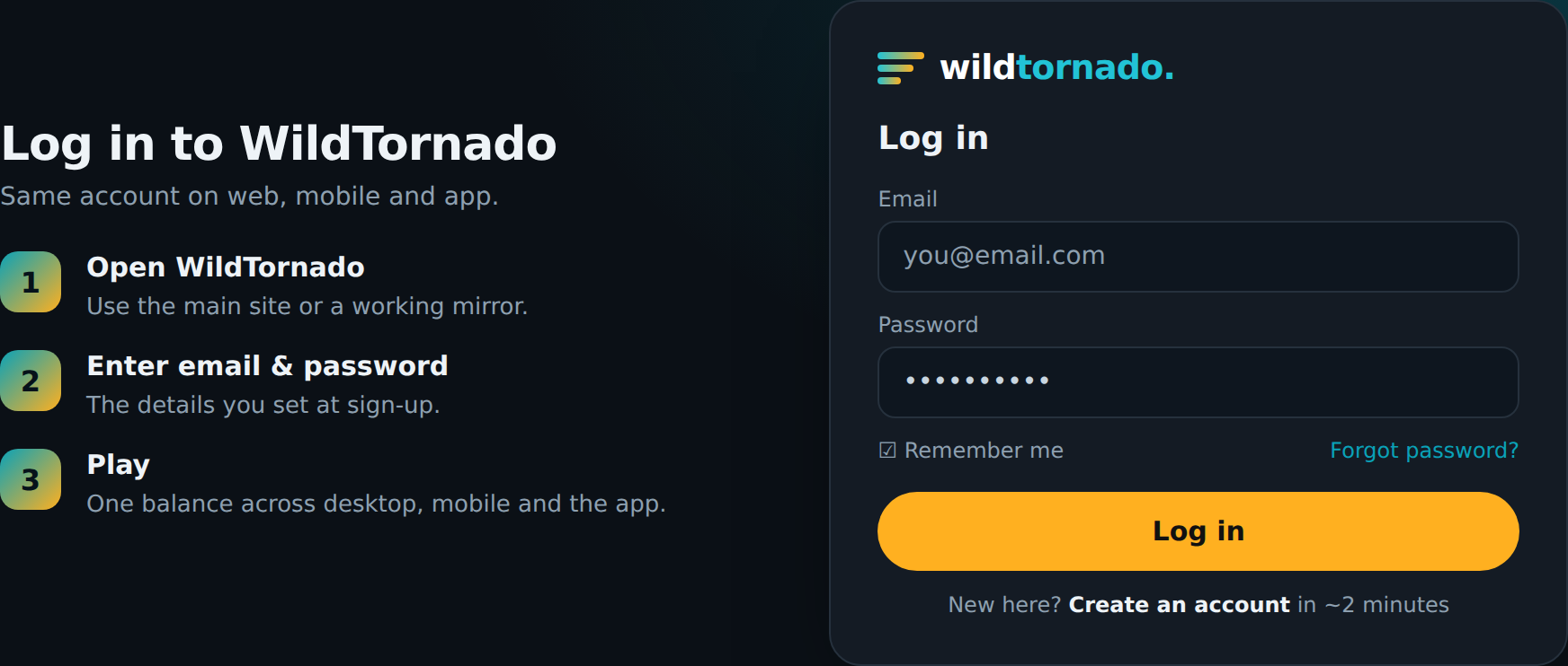 WildTornado Casino login form and steps