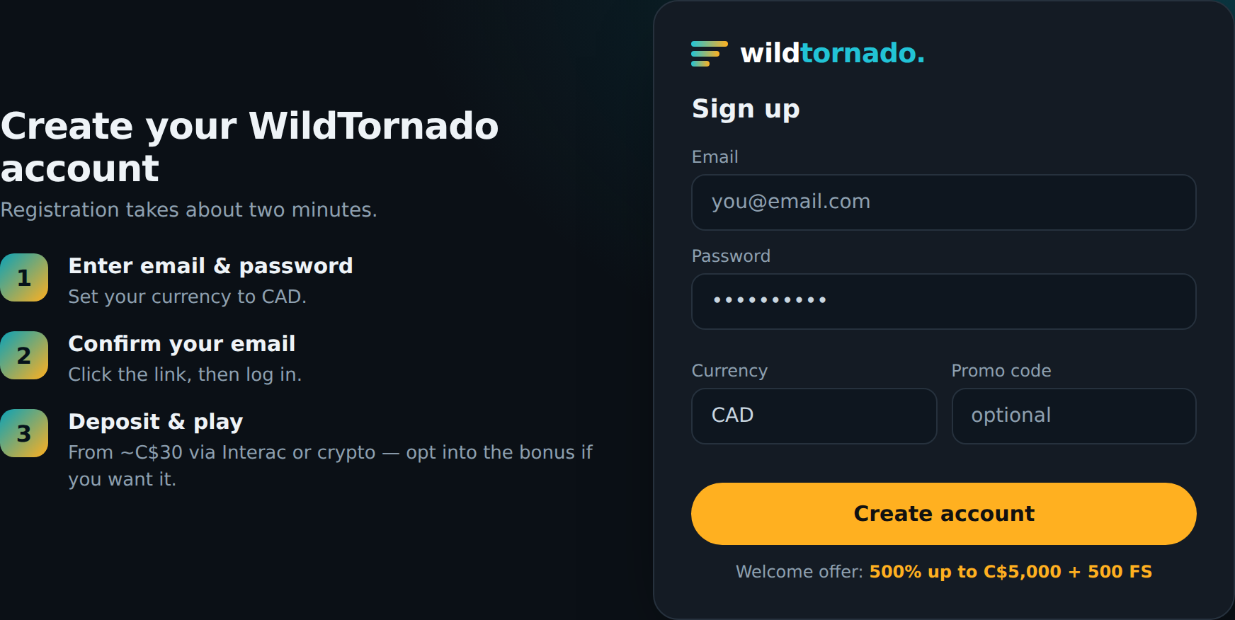 WildTornado Casino registration steps and sign-up form